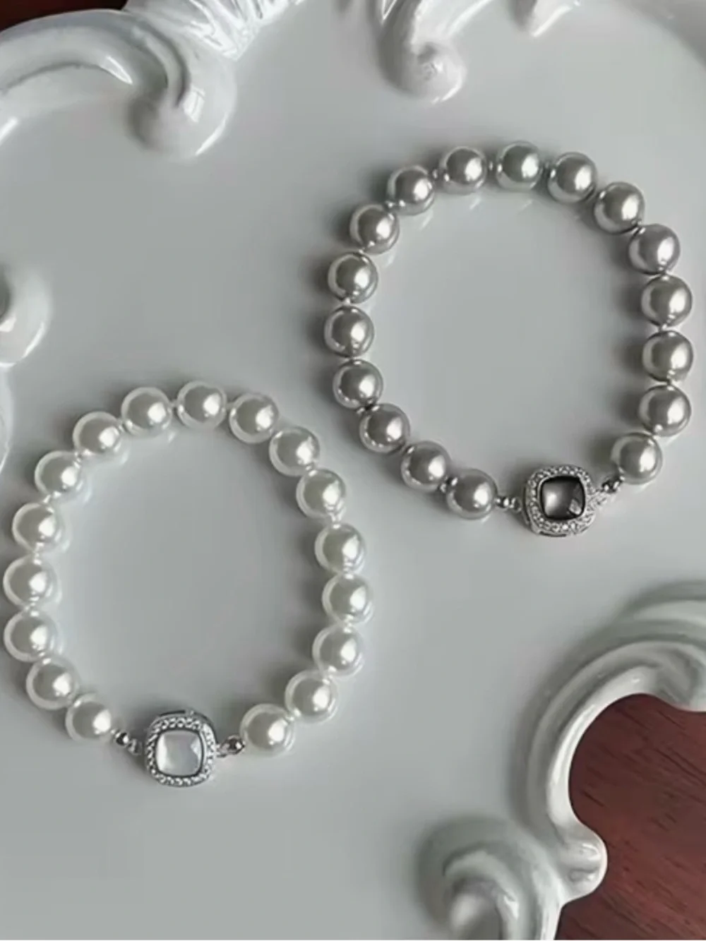 NWT-French Style Layered CZ Inlaid Square Pearl Bracelet
